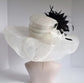 Ivory Sinamay Derby Hat: Black Feather Flower Wide Brim