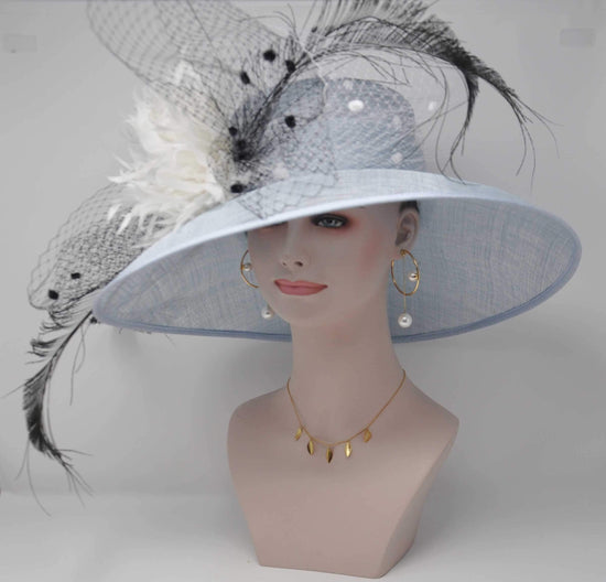 Powder Blue Sinamay Derby Hat, Wide Brim Feather Ascot Hat