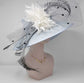Church Kentucky Derby Hat  Carriage Tea Party Wedding Wide Brim  Royal Ascot Hat in Solid Sinamay Hat Powder Blue w White Feather
