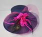 Navy Sinamay Derby Hat: Hot Pink Feather Flowers, Peacock Feathers