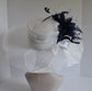 White Sinamay Derby Hat: Navy Blue Feather Church Hat