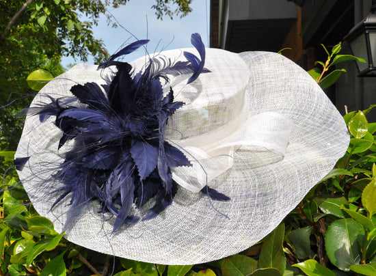 White Sinamay Kentucky Derby Hat: Navy Blue Feather Church Hat