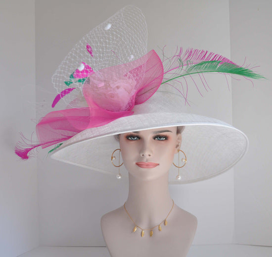 Sinamay Kentucky Derby Hat: Wide Brim White & Hot Pink Feather Ascot Hat