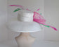 Sinamay Kentucky Derby Hat: Wide Brim White & Hot Pink Feather Ascot Hat