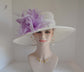 Sinamay Kentucky Derby Hat: White Wide Brim with Lavender Feathers