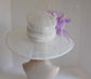 Sinamay Kentucky Derby Hat: White Wide Brim with Lavender Feathers