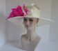 Ivory Kentucky Derby Hat: Wide Brim Sinamay with Pink Feather Flower