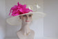 Ivory Kentucky Derby Hat: Wide Brim Sinamay with Pink Feather Flower