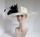 Ivory Sinamay Derby Hat: Black Feather Flower Wide Brim