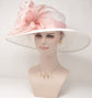 Wide Brim Sinamay Kentucky Derby Hat: White with Blush Feathers