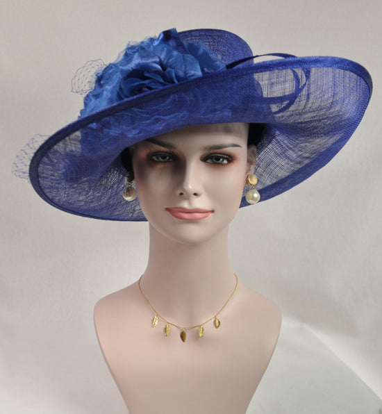 Royal Blue Sinamay Derby Hat: Wide Brim Wedding Church Hat