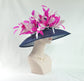 Navy Sinamay Derby Hat: Feather Flowers, Wide Brim Royal Ascot