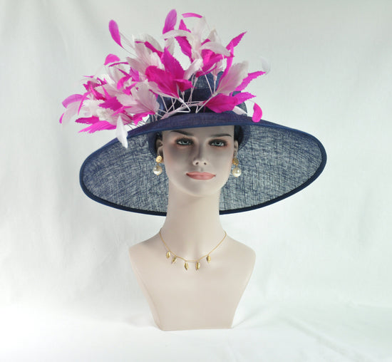 Navy Sinamay Derby Hat: Feather Flowers, Wide Brim Royal Ascot