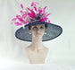 Navy Sinamay Derby Hat: Feather Flowers, Wide Brim Royal Ascot