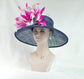 Navy Sinamay Derby Hat: Feather Flowers, Wide Brim Royal Ascot