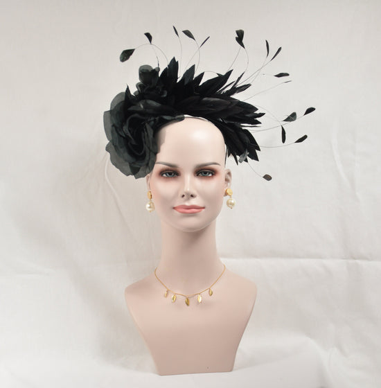 Black Silk Flower Fascinator Hat: Goose & Rooster Feather Headband
