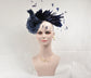 Navy Blue Silk Flower Fascinator Hat: Feather Headband