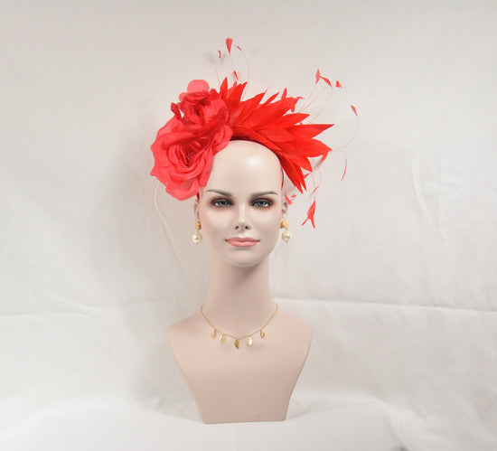 Red Silk Flower Fascinator Hat: Goose & Rooster Feather Headband