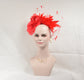 Red Silk Flower Fascinator Hat: Goose & Rooster Feather Headband