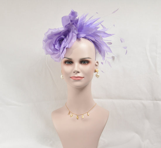 Lavender Silk Flower with Goose and Rooster Feather Flowers Fascinator Hat  Made On A Same Color Headband