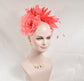 Coral Pink Silk Flower Fascinator Hat: Goose & Rooster Feathers Headband