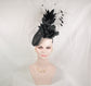 Black Sinamay Fascinator Hat: Jumbo Silk Flower & Feather Headband