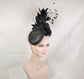 Black Sinamay Fascinator Hat: Jumbo Silk Flower & Feather Headband