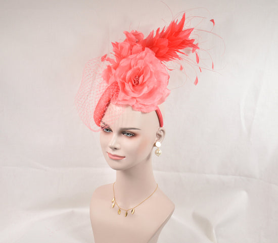 Coral Pink Fascinator Hat: Sinamay, Silk Flower & Feather Headband