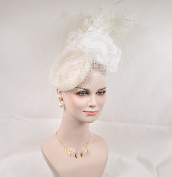 White Sinamay Fascinator Hat: Jumbo Silk Flower & Feather Headband