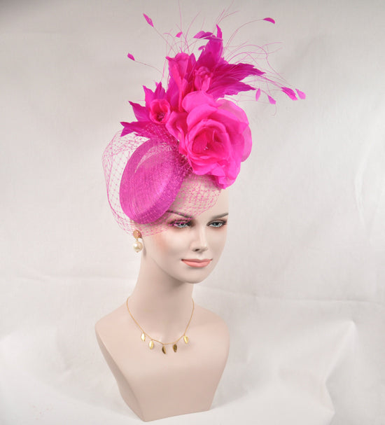 Hot Pink Sinamay Fascinator Hat: Jumbo Silk Flower & Feather Headband