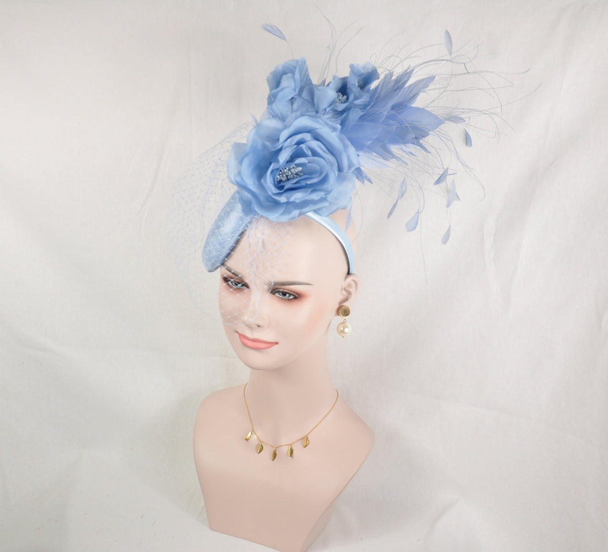 Powder Blue Sinamay Fascinator Hat: Silk Flower & Feather Headband ...