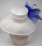 Church Kentucky Derby HatCarriage Tea Party Wedding Wide Brim  Royal Ascot Hat in Solid Sinamay Hat White w Royal Blue