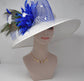 Church Kentucky Derby HatCarriage Tea Party Wedding Wide Brim  Royal Ascot Hat in Solid Sinamay Hat White w Royal Blue