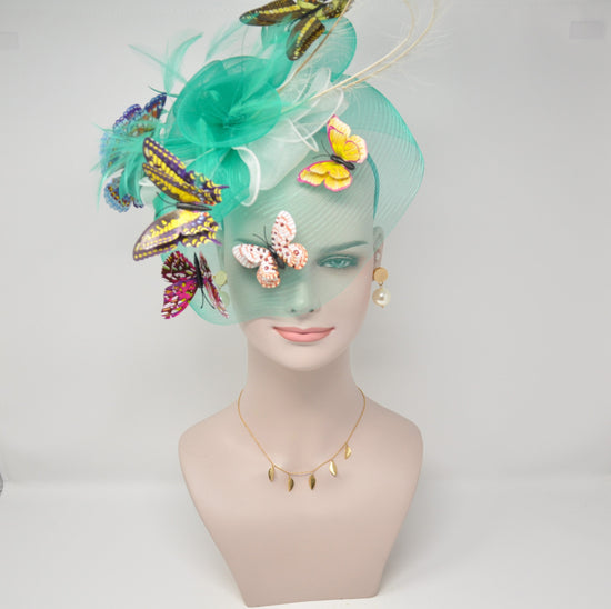 Wide Brim Kentucky Derby Fascinator Hat, Ascot Hat for Wedding & Tea Party, Garden Party Hat, Mother of the Bride, Church Green Butterflies