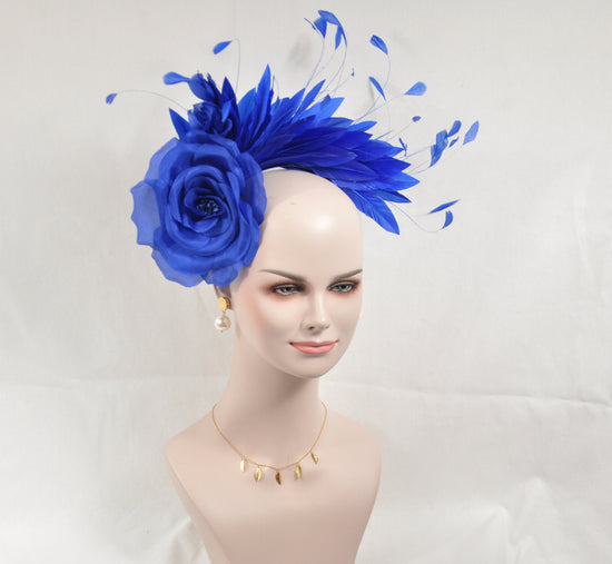 Royal Blue Silk Flower Fascinator Hat: Feather Headband