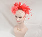 Coral Pink Silk Flower Fascinator Hat: Goose & Rooster Feathers Headband