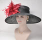 Church Kentucky Derby HatCarriage Tea Party Wedding Wide Brim  Royal Sinamay Hat Black w Burgundy  Flowers