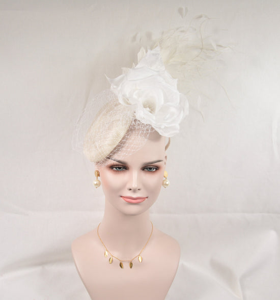 White Sinamay Fascinator Hat: Jumbo Silk Flower & Feather Headband