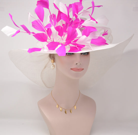 White Sinamay Kentucky Derby Hat: Hot Pink Feather Flower Wide Brim