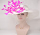 White Sinamay Kentucky Derby Hat: Hot Pink Feather Flower Wide Brim