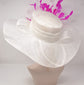 White Sinamay Kentucky Derby Hat: Hot Pink Feather Flower Wide Brim
