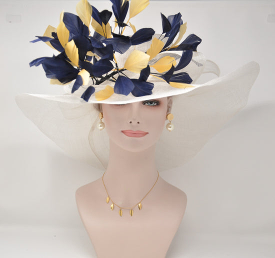 White Sinamay Kentucky Derby Hat: Navy Blue & Gold Feather Flower