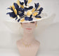 White Sinamay Kentucky Derby Hat: Navy Blue & Gold Feather Flower