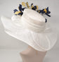 White Sinamay Kentucky Derby Hat: Navy Blue & Gold Feather Flower