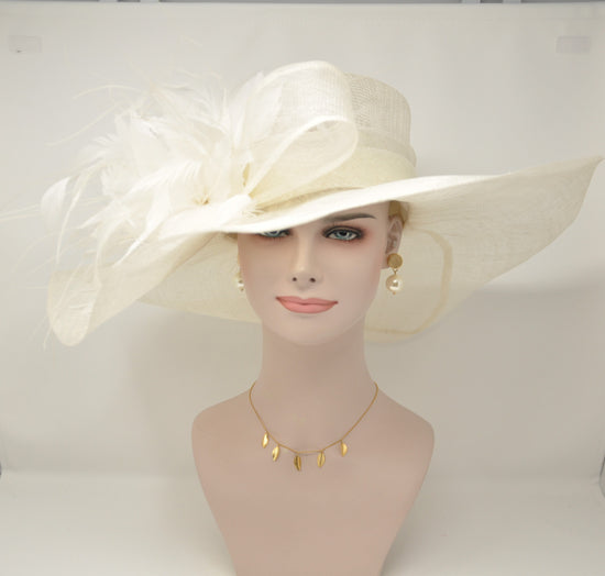 Ivory Feather Flower Sinamay Derby Hat: Wide Brim Wedding Church Hat