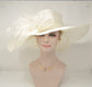 Ivory Feather Flower Sinamay Derby Hat: Wide Brim Wedding Church Hat