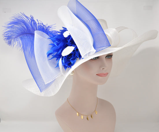 White Sinamay Derby Hat: Royal Blue Feather Flower
