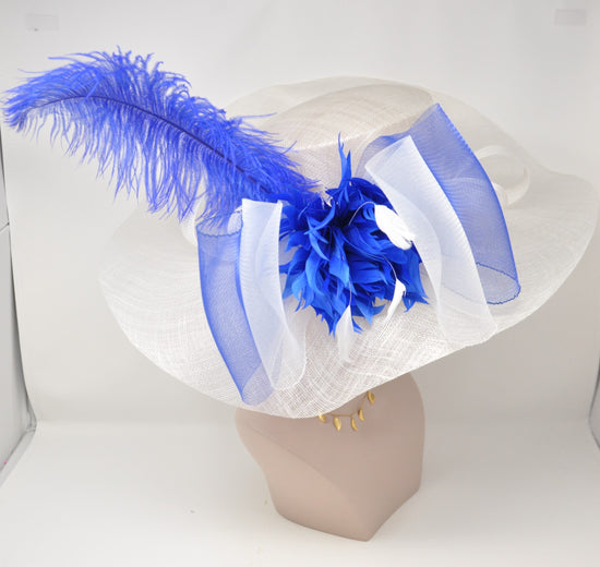 White Sinamay Derby Hat: Royal Blue Feather Flower