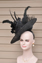 Black  Sinamay Disc Fascinator Hat with  Jumbo   Feather Flowers