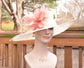 Off White/ Ivory Hat W Dusty Pink Feather Flower  Kentucky Derby,Tea Party Carriage Party  Royal AscotWide Brim